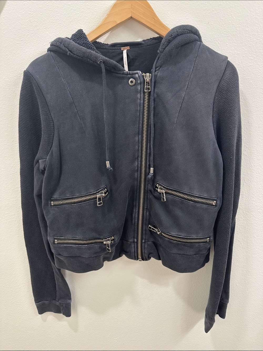 Free People Grungy Black Hooded Moto Jacket with Zip Pockets - XS
